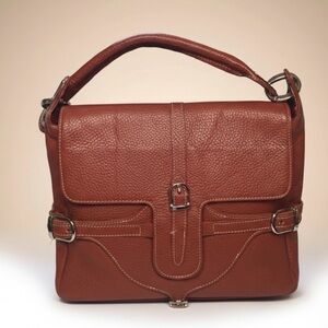 GUIA'S Purse Cognac Pebbled Leather Silver‎ Buckle Italian Messenger Bag Vintage